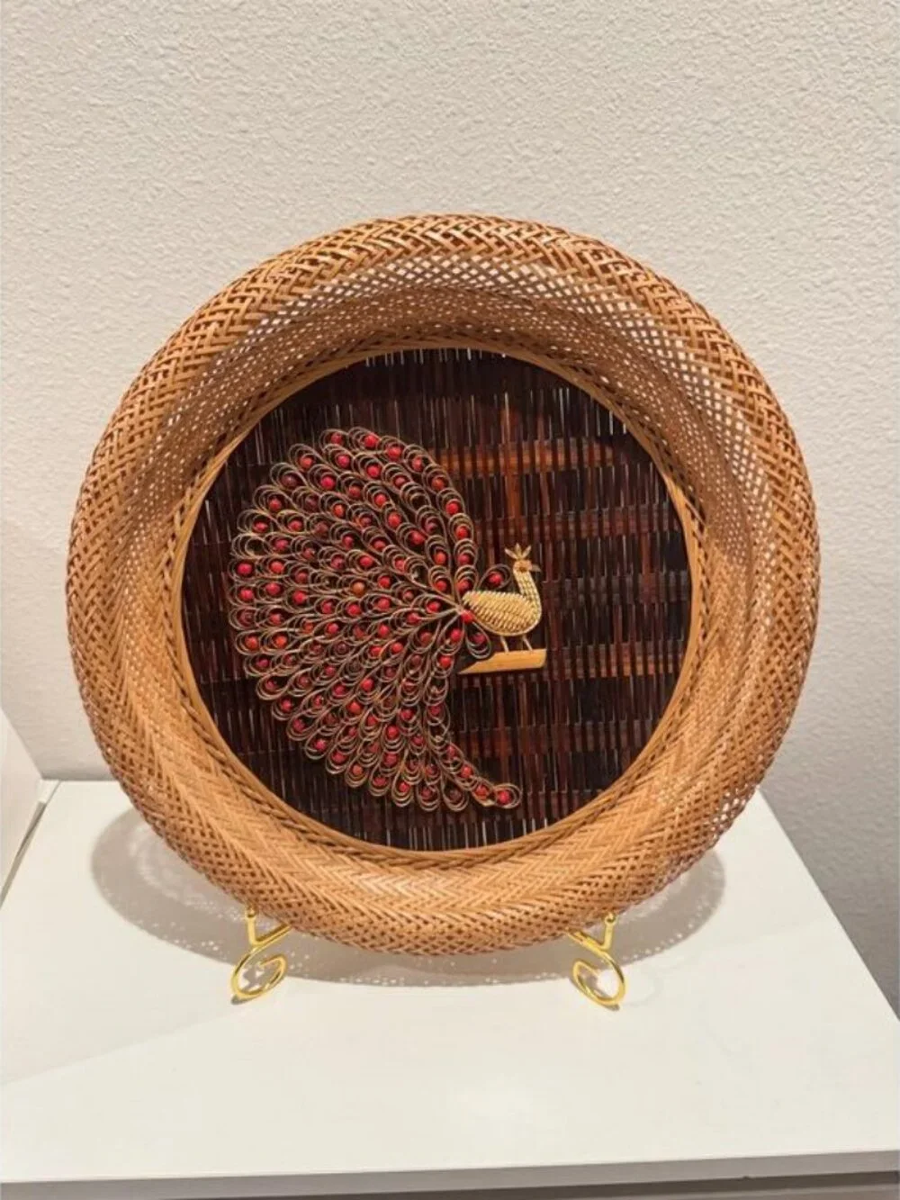 Vintage Bamboo Peacock Wall Decor, Handwoven Woven Basket Tray, Bird Wall Hangin